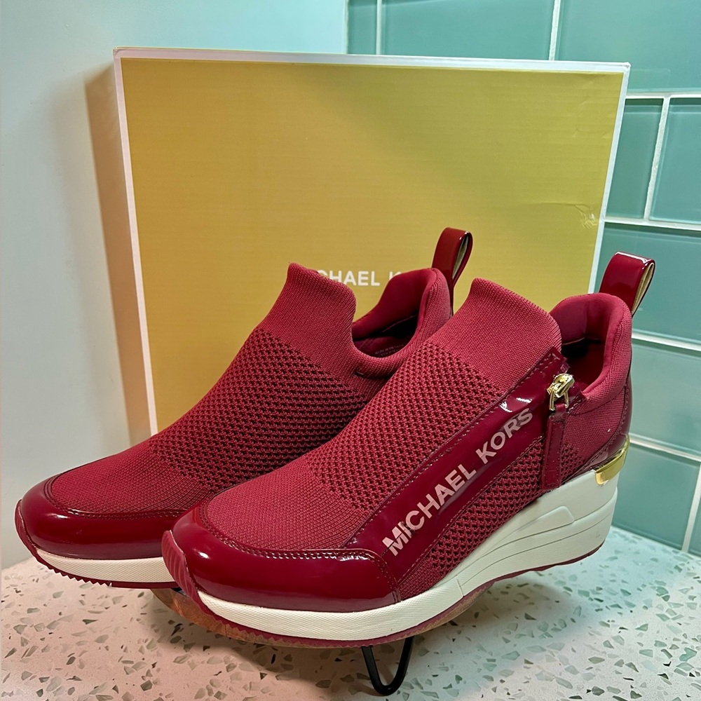 Michael Kors Deep Red Slip-On Trainers Sneakers with Mesh Upper NIB